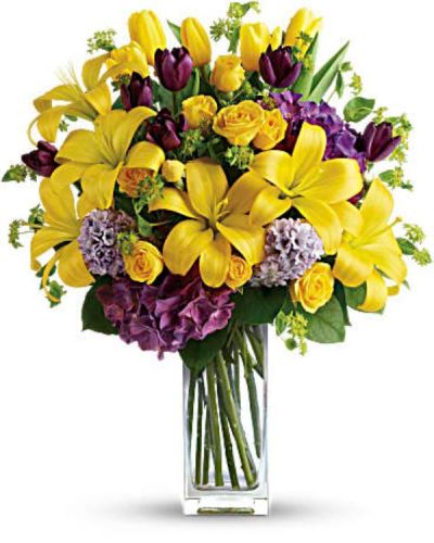 <div id="mark-3" class="m-pdp-tabs-marketing-description">Celebrate the dawn of a new season with this fresh burst of color. A wide assortment of bright yellow and purple blooms are delivered in a statement vase - perfect for the spring or summer transition.</div>
<div id="desc-3">
<ul>
<li>Yellow flowers, including asiatic lilies, roses and tulips, are joined with the pretty purple blooms of hydrangea, tulips and hyacinth.</li>
<li>Greens include bupleurum and salal. Presented in a tall, clear glass vase.
<hr />
</li>
</ul>
</div>